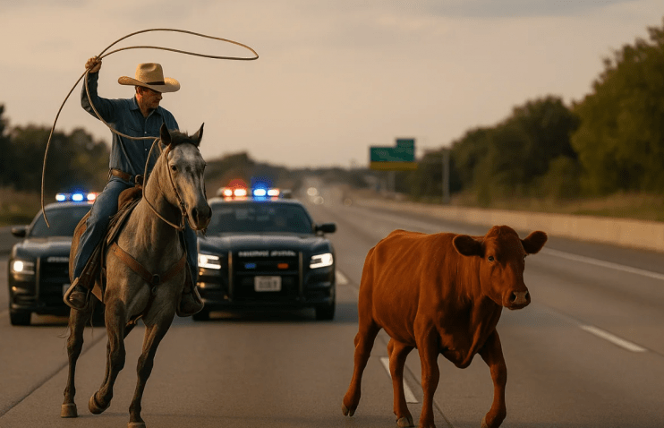 პოლიციელებს, გზატკეცილზე ძროხის დასაჭერად ნამდვილი კოვბოის დახმარება დასჭირდათ