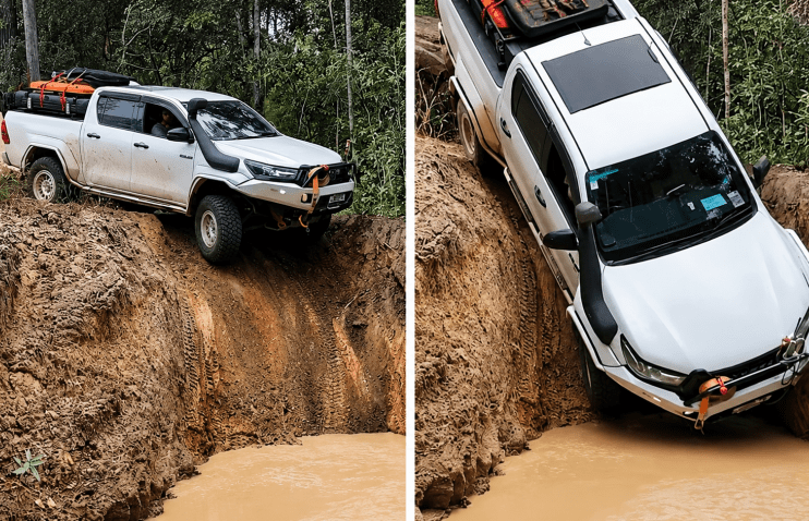 Toyota Hilux-ის ექსტრემალური დაშვება | პიკაპმა კემპერიც ჩაიყოლა